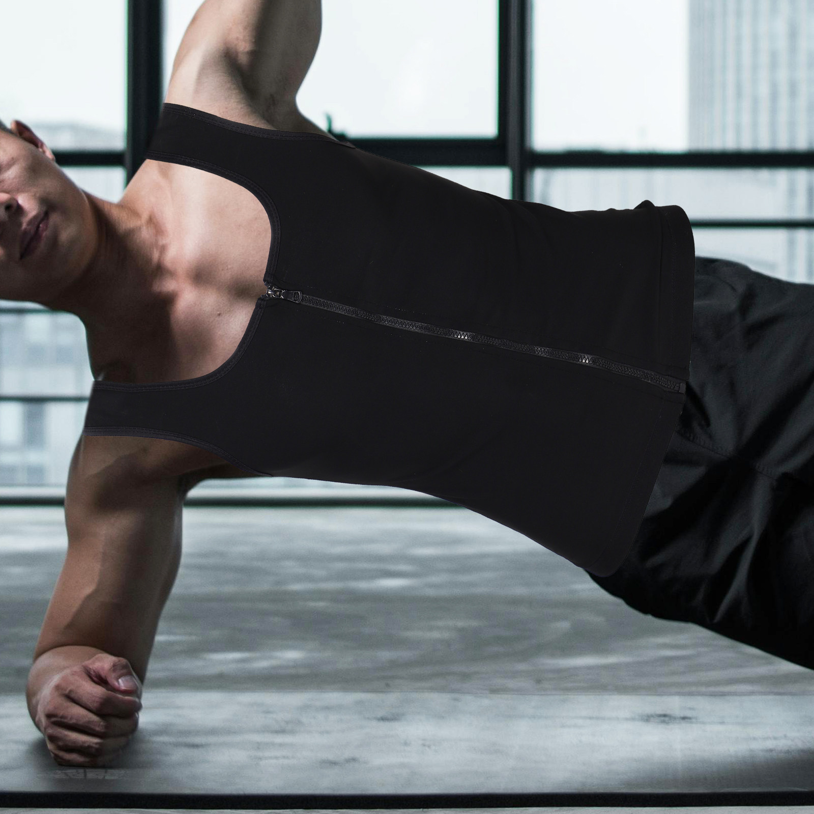 Yoga Fitness Body - Ärmelloses Kompressions-Unterhemd für Herren mit Reißverschluss,